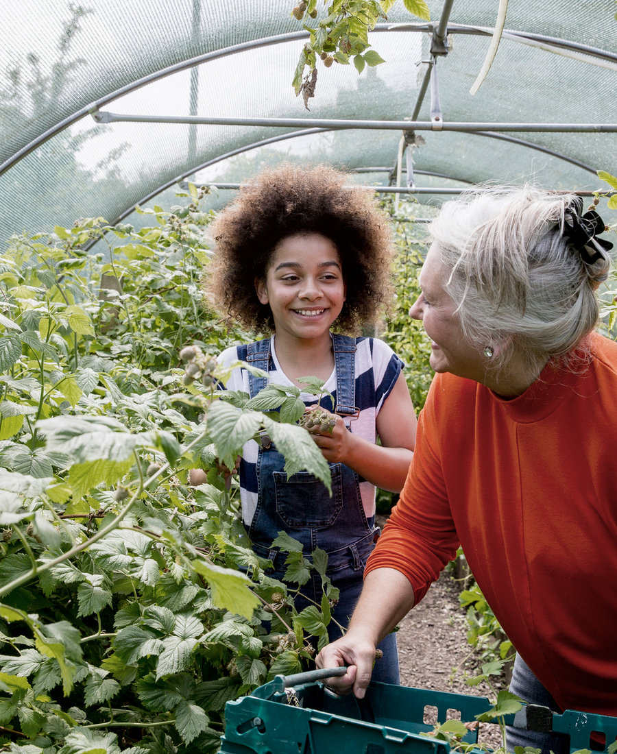 Child planting in a greenhouse